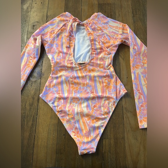 OP OCEAN PACIFIC Floral Retro Pattern Long Sleeve Swimsuit 70s Surfer - Picture 3 of 9